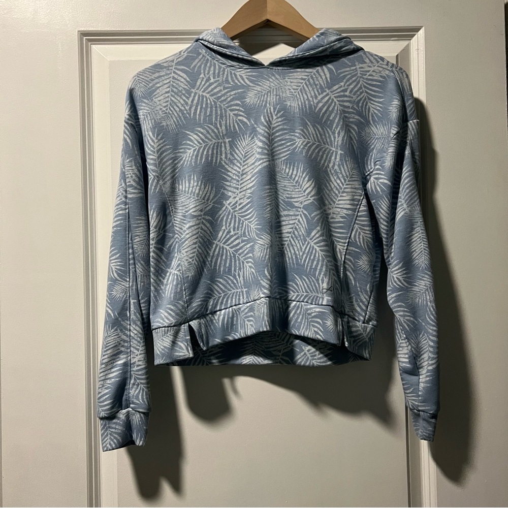 Freely Girl’s Athletic Knit Hoodie Sweatshirt Blue Palm Leaf Print Sz Lg